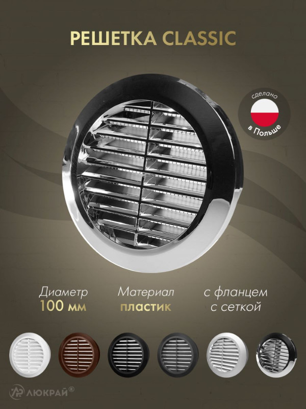 Решетка с сеткой от насекомых Awenta Classic T30M (d100) хромированная