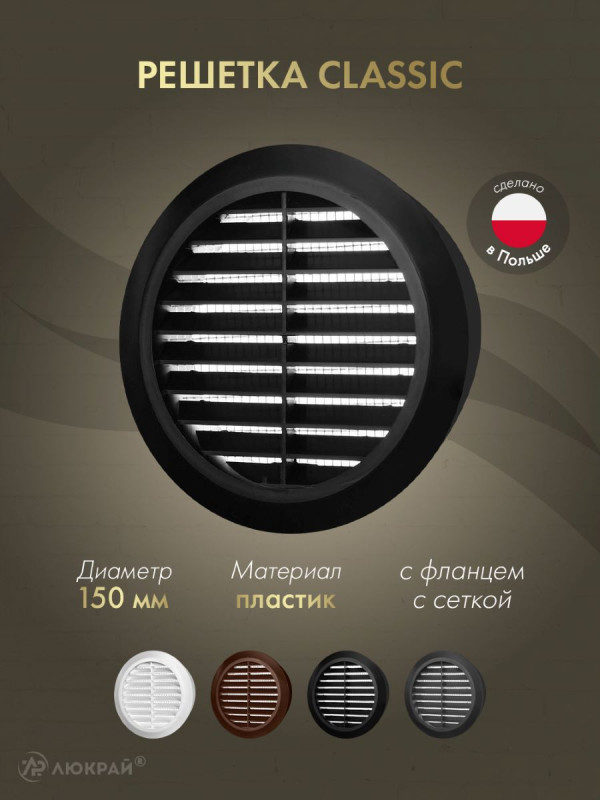 Решетка с сеткой от насекомых Awenta Classic T23CZ (d150) черная