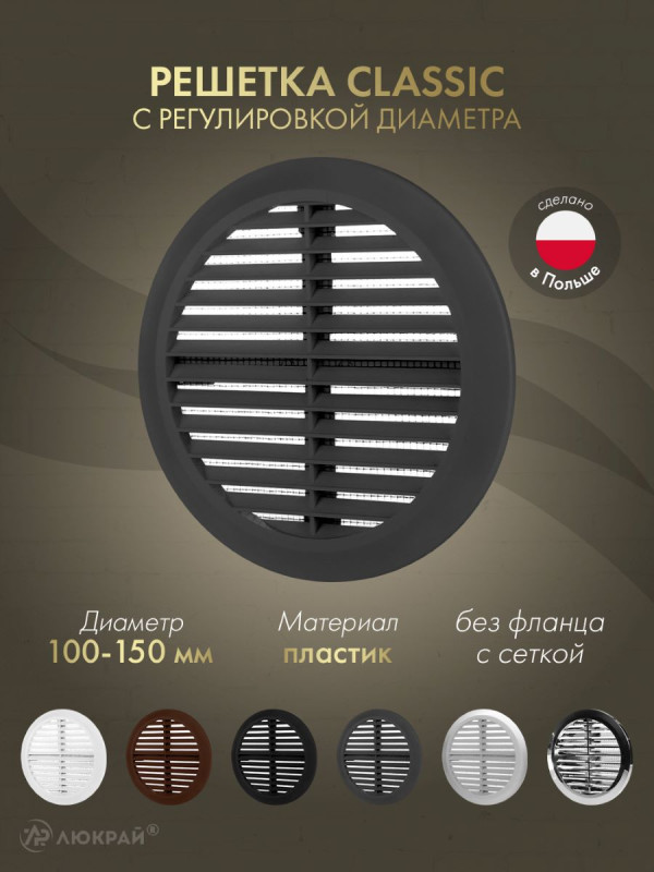 Решетка с сеткой и регулировкой диаметра Awenta Classic T36GR (d100-150) графитовая