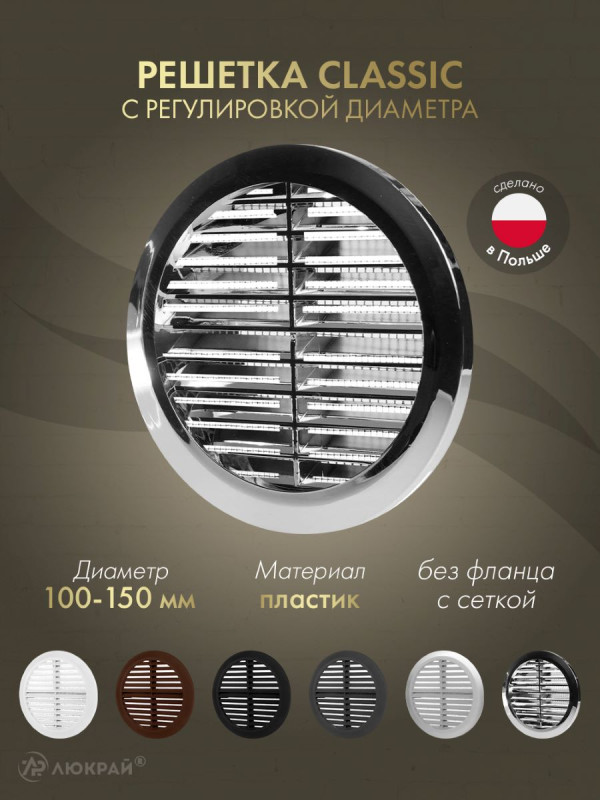 Решетка с сеткой и регулировкой диаметра Awenta Classic T36M (d100-150) хромированная