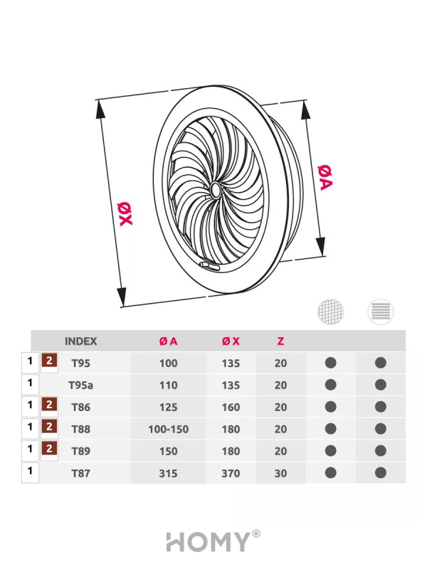 Решетка с сеткой и регулировкой потока воздуха Awenta Classic T95a (d110) белая схема