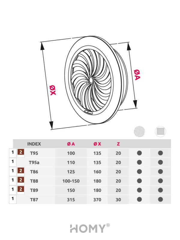Решетка с сеткой и регулировкой потока воздуха Awenta Classic T86BR (d125) коричневая схема