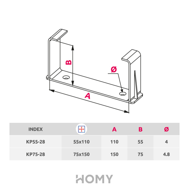 Держатель канала Awenta KP55-28 (55x110) размер