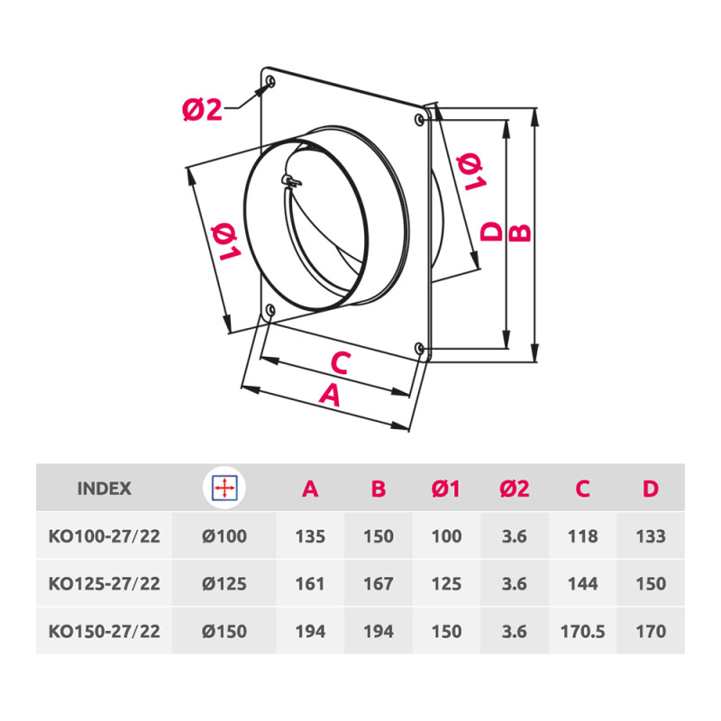 Настенная накладка с обратным клапаном Awenta KO100-27/22 (d100) размер