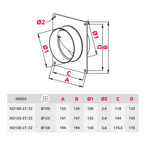 Настенная накладка с обратным клапаном Awenta KO125-27/22 (d125) размер