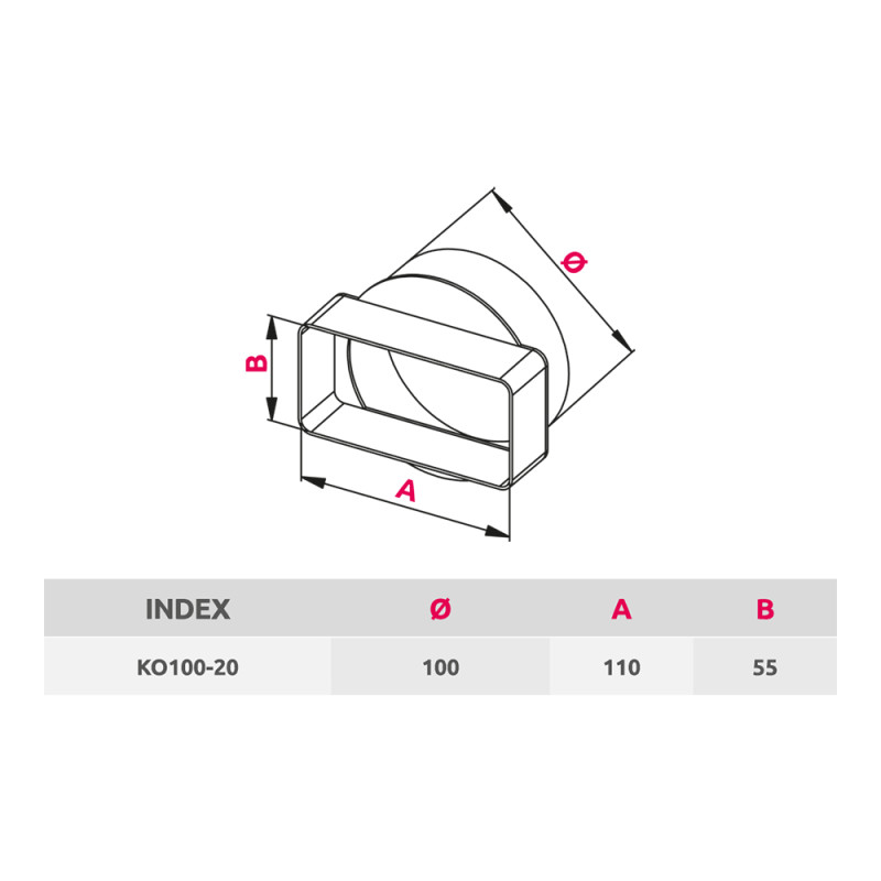 Соединитель каналов короткий Awenta KO100-20 (d100/55x110) размер