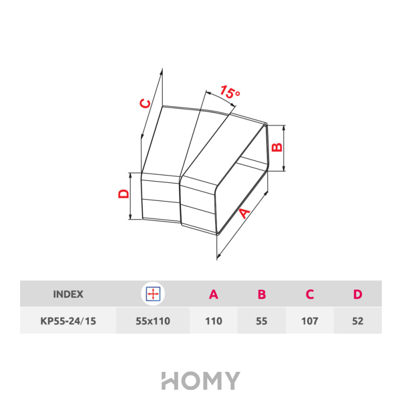 Соединитель каналов поворотный по горизонтали Awenta KP55-24/15 (55x110) 15° размер