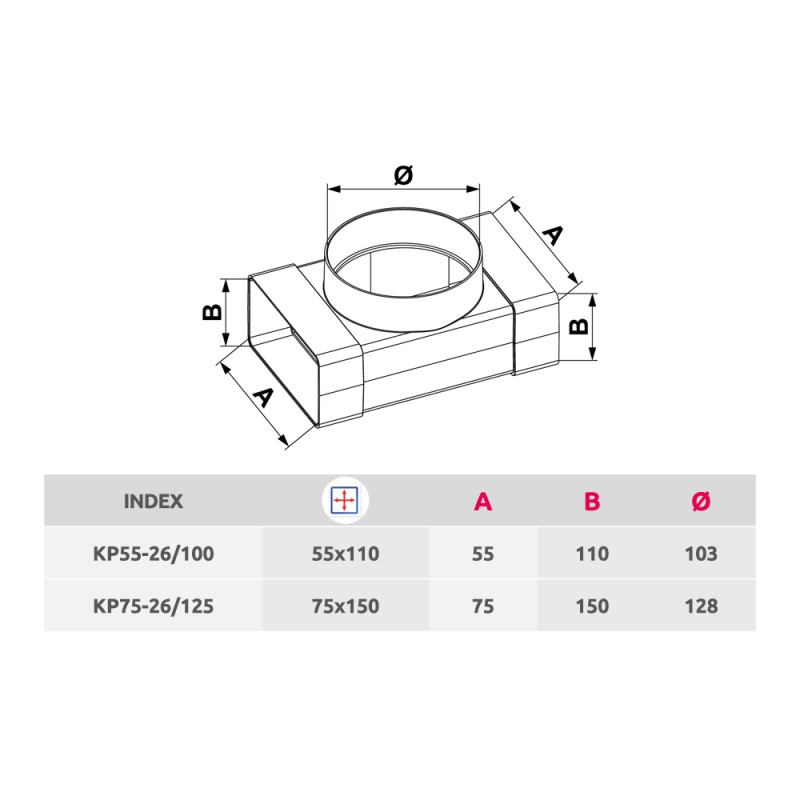 Соединитель каналов тройной поворотный Awenta KP75-26/125 (75x150/d125) 90° размер