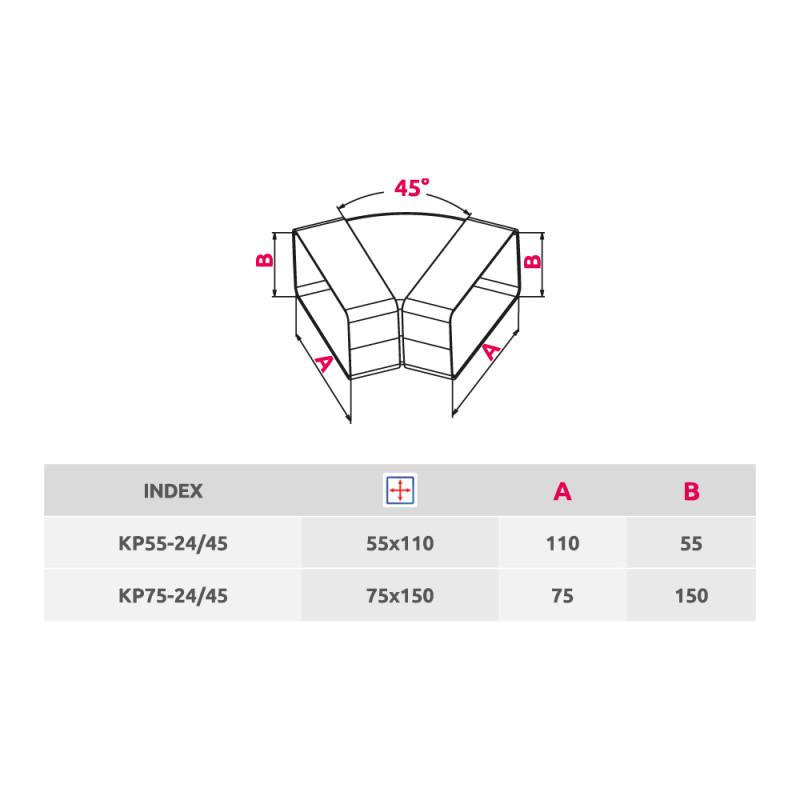Соединитель каналов поворотный по горизонтали Awenta KP75-24/45 (75x150) 45° размер