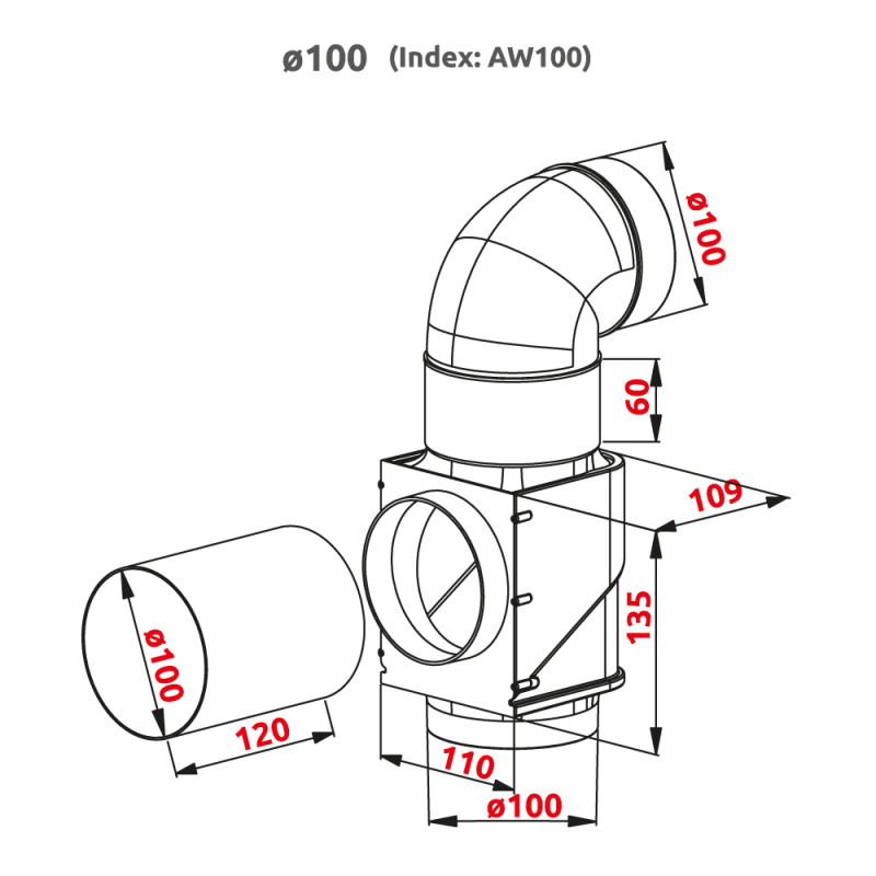 Соединитель каналов эконом поворотный для принудительной и естественной вентиляций Awenta AW100 (d100) размер
