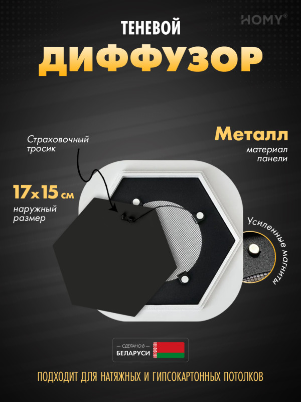 Вентиляционная решетка теневая HOMY AIR Гексагон AH100B (17x15) черная