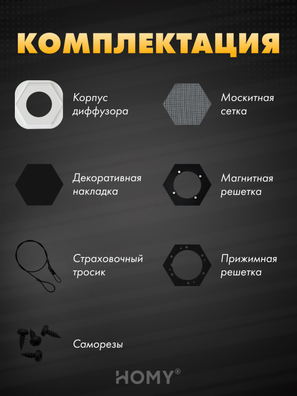 Вентиляционная решетка теневая HOMY AIR Гексагон AH100B (17x15) черная комплектация