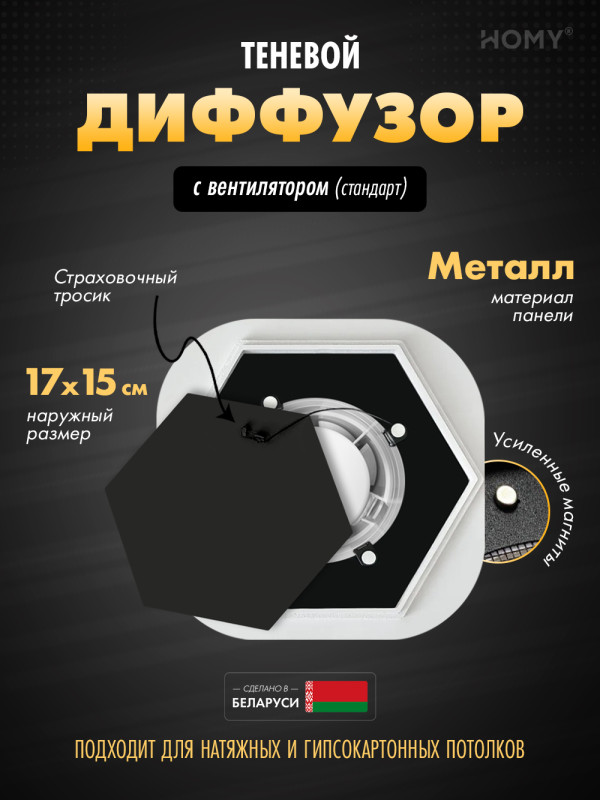 Вентиляционная решетка теневая с вентилятором HOMY AIR Гексагон AH100BS (17x15) черная