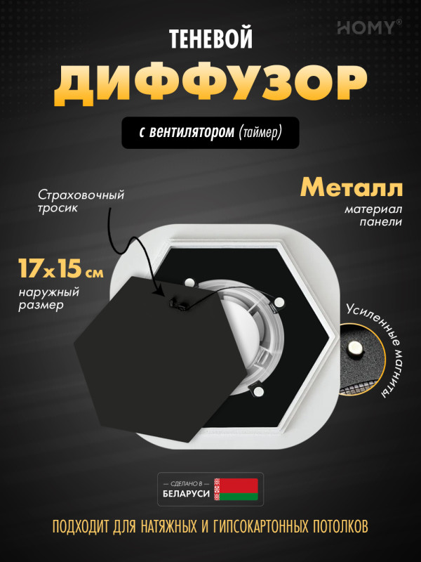 Вентиляционная решетка теневая с вентилятором с таймером HOMY AIR Гексагон AH100BT (17x15) черная
