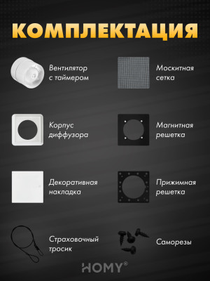 Вентиляционная решетка теневая с вентилятором с таймером HOMY AIR Квадратный AS100WT (15x15) белая комплектация