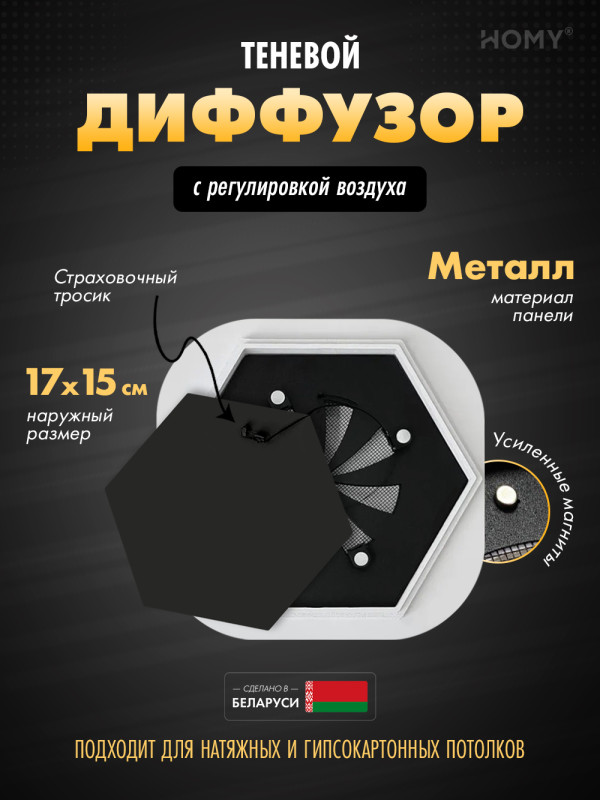 Вентиляционная решетка теневая с регулировкой воздуха HOMY AIR Гексагон AH100BR (17x15) черная