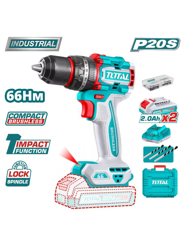 Дрель-шуруповерт Total TIDLI20668 (без АКБ) комплектация