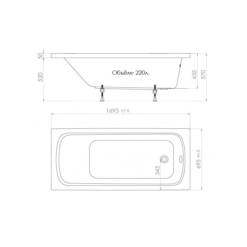 Ванна акриловая Triton Стандарт 170x70 (с ножками, экраном и сифоном) схема