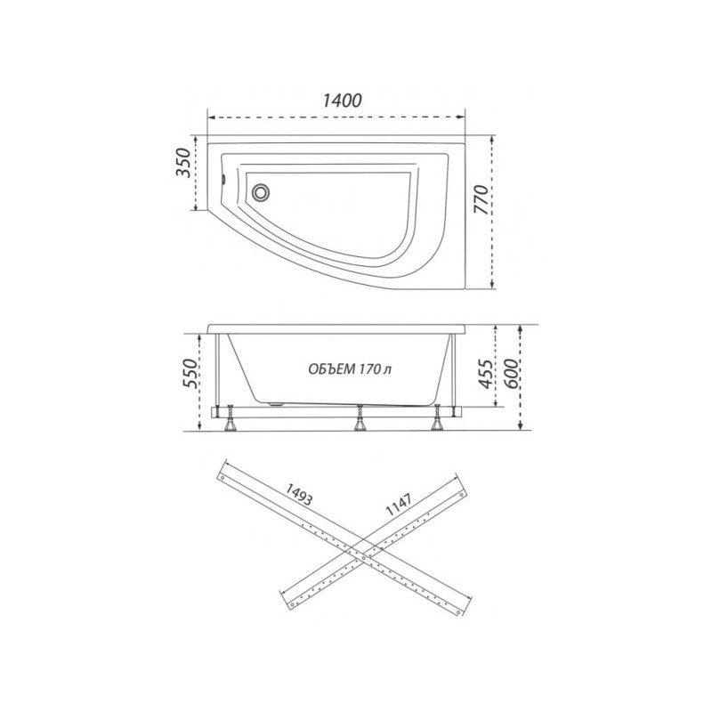 Ванна акриловая Triton Бэлла 140x76 R (с каркасом, сифоном) схема