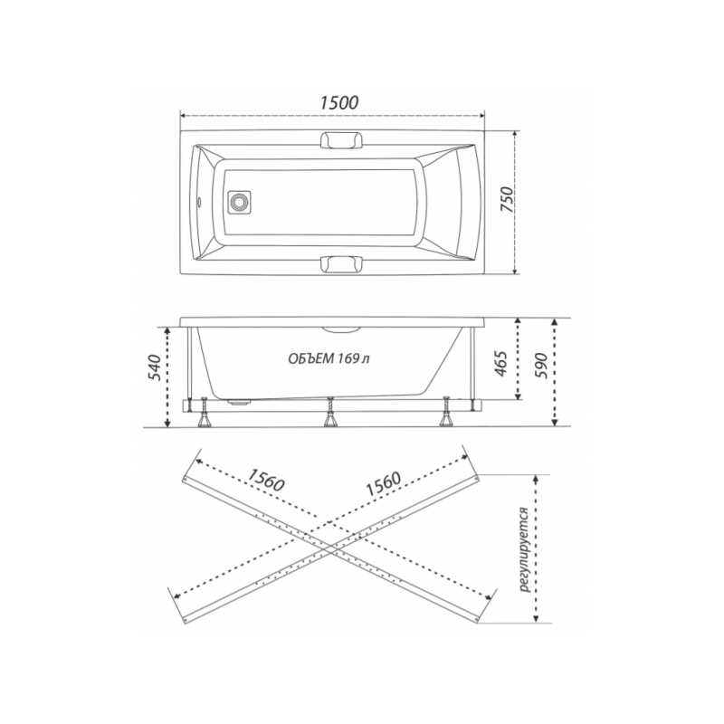 Ванна акриловая Triton Алекса Люкс 150x75 (с краном-переключателем, гидромассажем и аэромассажем) Схема