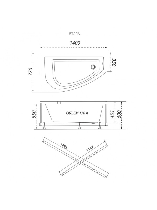 Ванна акриловая Triton Бэлла Базовая140x77 R (с гидромассажем) план