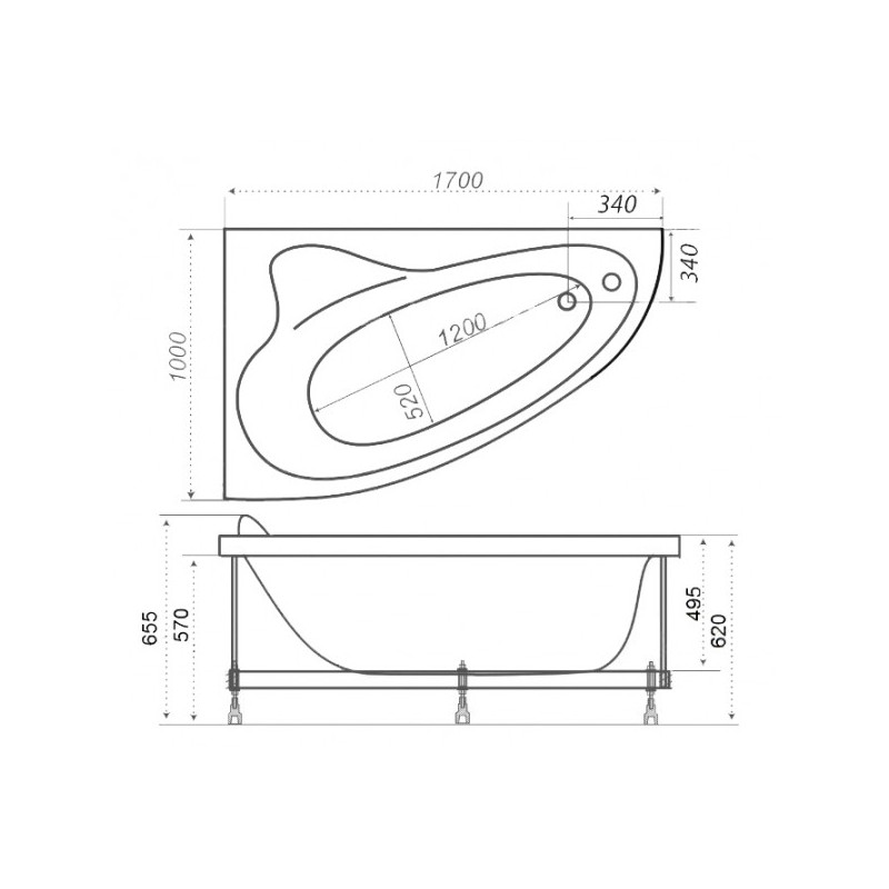 Ванна акриловая Triton Изабель 170x100 R (с каркасом, сифоном) план