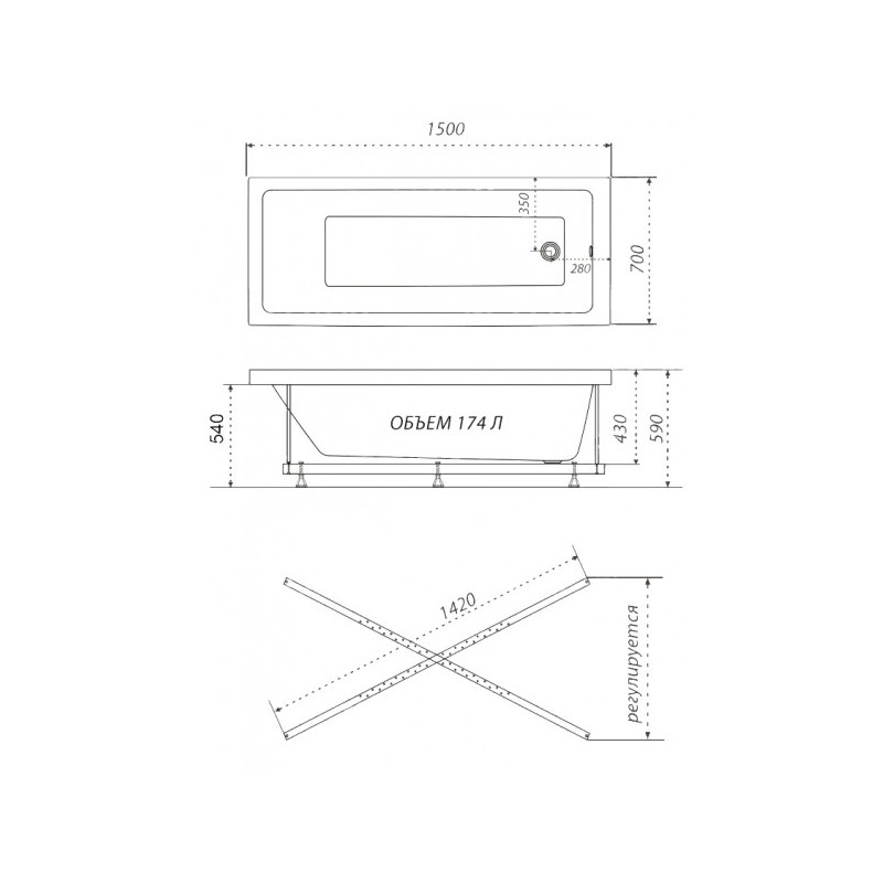 Ванна акриловая Triton Аура Стандарт Flat 150x70 (с краном-переключателем, гидромассажем) план