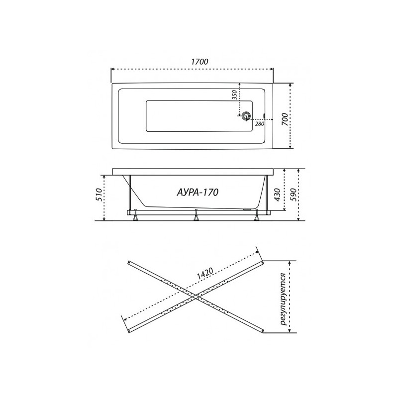 Ванна акриловая Triton Аура Базовая Flat 170x70 (с гидромассажем) план