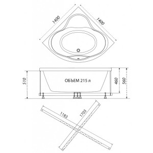 Ванна акриловая Triton Грация Базовая Flat 140x140 (с гидромассажем) план