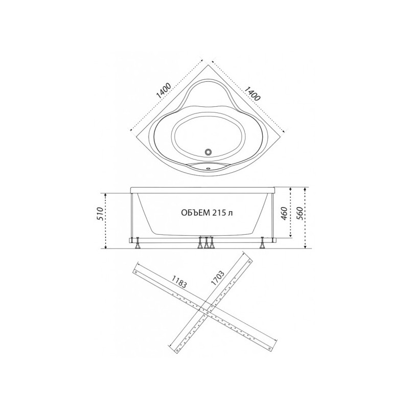 Ванна акриловая Triton Грация Люкс Flat 140x140 (с краном-переключателем, гидромассажем и аэромассажем) план