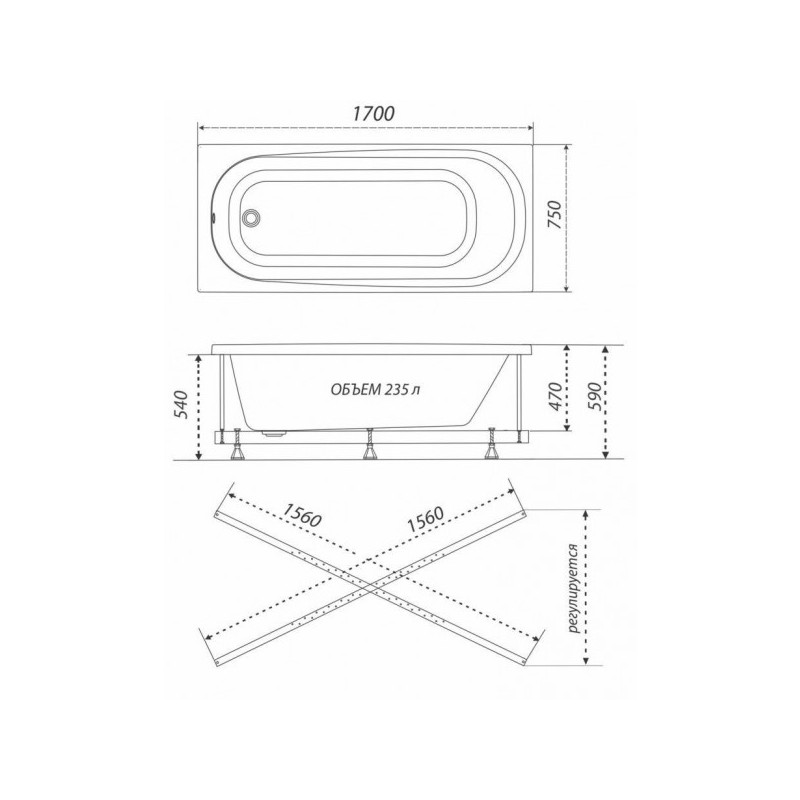 Ванна акриловая Triton Дина Стандарт Flat 170x75 (с краном-переключателем, гидромассажем) план