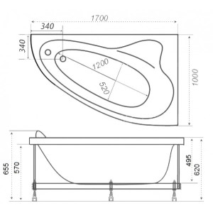 Ванна акриловая Triton Изабель Базовая Flat 170x100 L (с гидромассажем) план