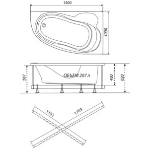 Ванна акриловая Triton Кайли Базовая Flat 150x100 L (с гидромассажем) план