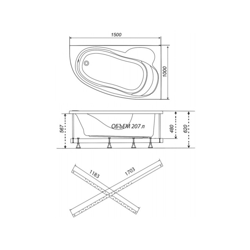 Ванна акриловая Triton Кайли Люкс Flat 150x100 L (с краном-переключателем, гидромассажем и аэромассажем) план
