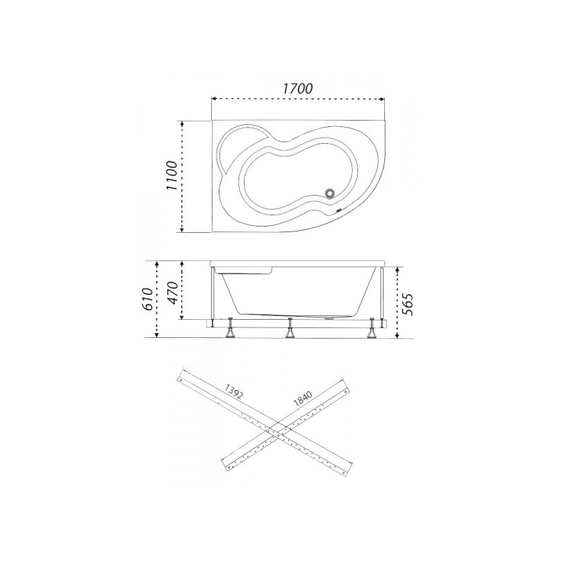 Ванна акриловая Triton Мари Люкс Flat 170x110 R (с краном-переключателем, гидромассажем и аэромассажем) план