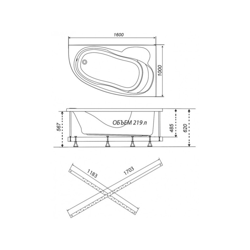 Ванна акриловая Triton Николь Базовая Flat 160x100 L (с гидромассажем) план