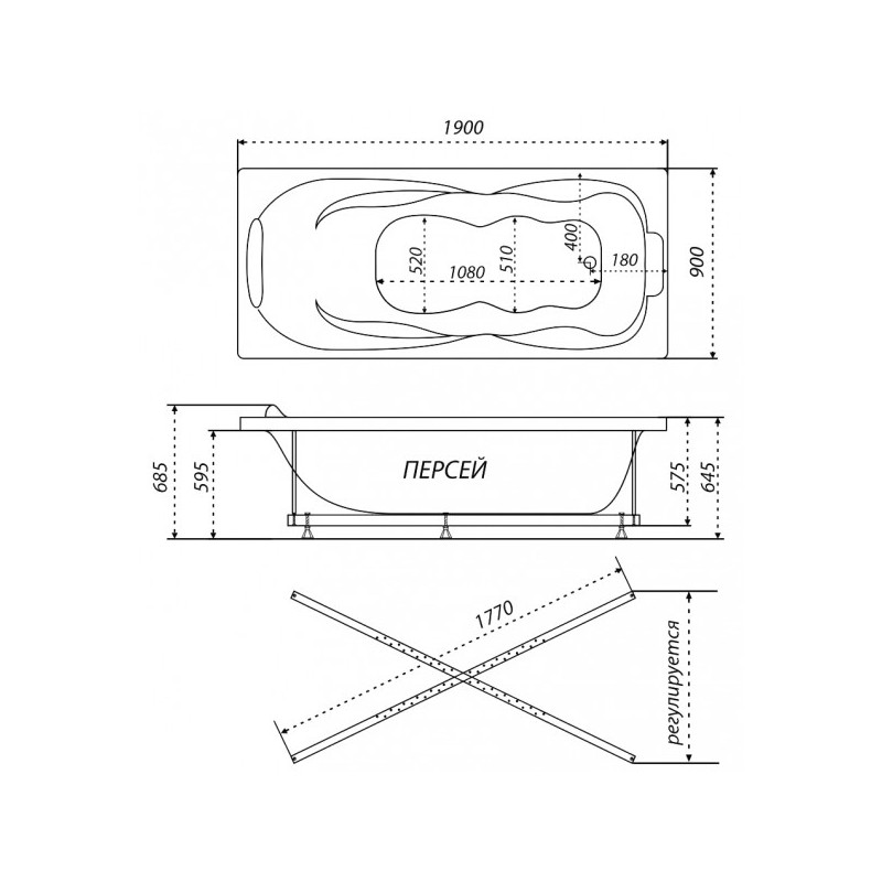 Ванна акриловая Triton Персей Стандарт Flat 190x90 (с краном-переключателем, гидромассажем) план