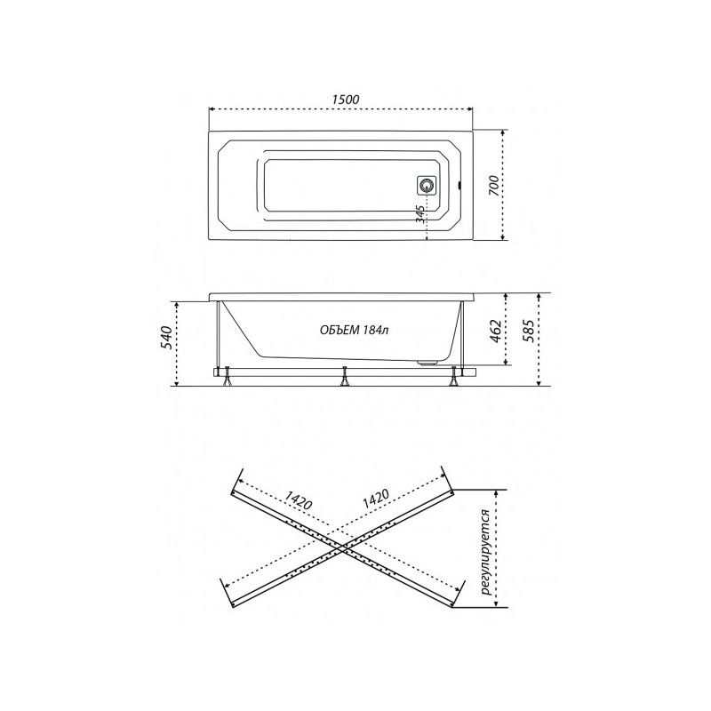 Ванна акриловая Triton Прага Базовая Flat 150x70 (с гидромассажем) план
