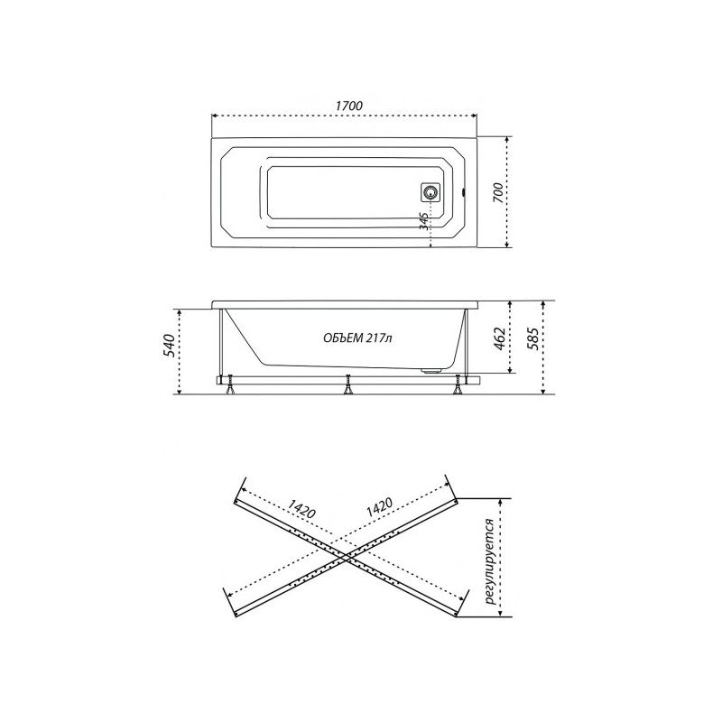 Ванна акриловая Triton Прага Стандарт Flat 170x70 (с краном-переключателем, гидромассажем) план