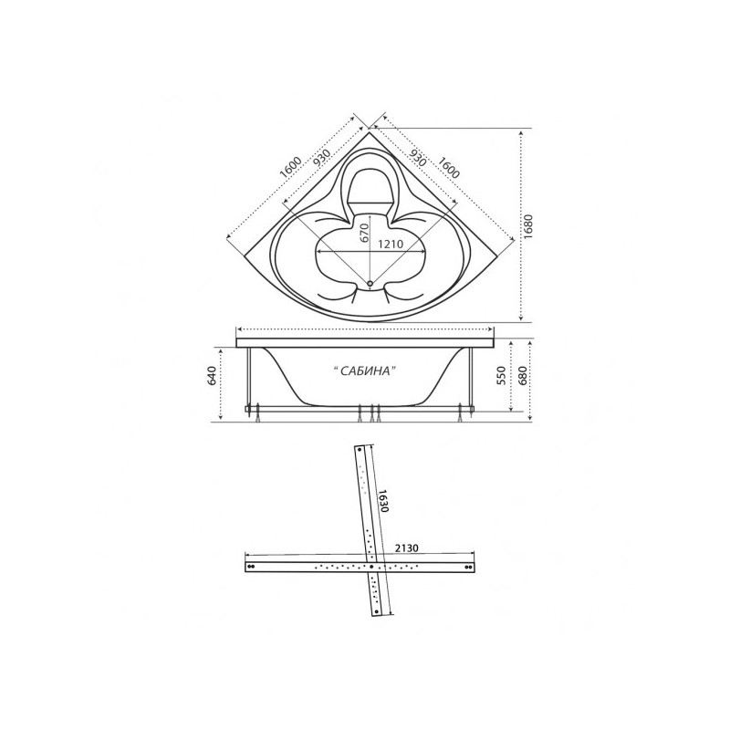 Ванна акриловая Triton Сабина Стандарт Flat 160x160 (с краном-переключателем, гидромассажем) план
