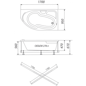 Ванна акриловая Triton София Стандарт Flat 170x95 R (с краном-переключателем, гидромассажем) план