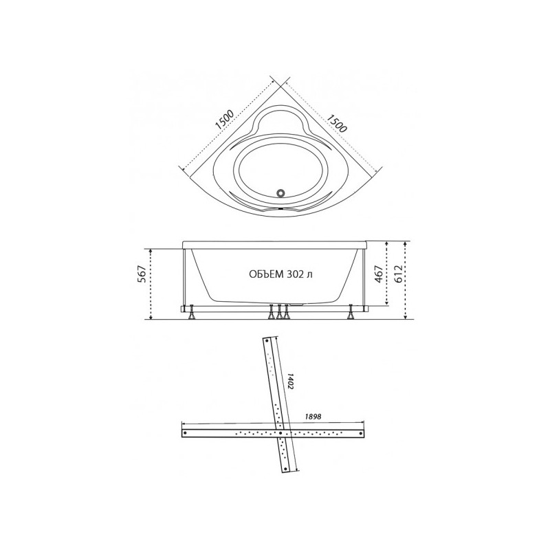 Ванна акриловая Triton Троя Базовая Flat 150x150 (с гидромассажем) план