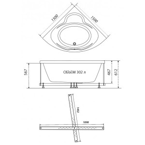 Ванна акриловая Triton Троя Стандарт Flat 150x150 (с краном-переключателем, гидромассажем) план