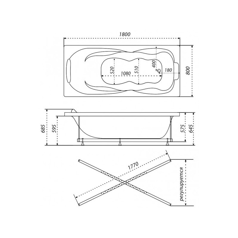Ванна акриловая Triton Цезарь Базовая Flat 180x80 (с гидромассажем) план