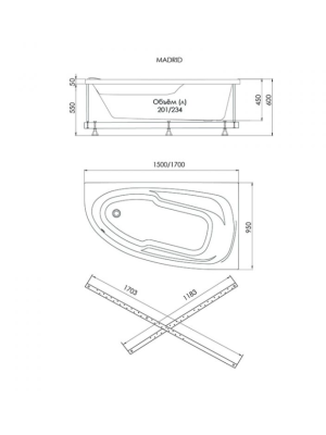 Ванна акриловая 1Acreal Мадрид 170x95 L (с каркасом, экраном и сифоном) план размещения