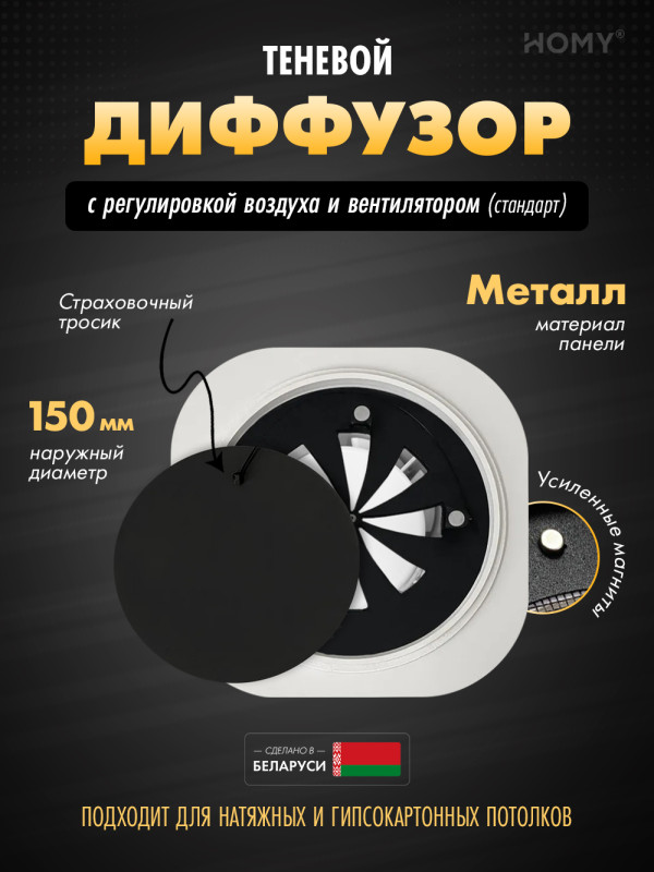 Вентиляционная решетка теневая с вентилятором и регулировкой воздуха HOMY AIR Круглый A100BRS (d150) черная