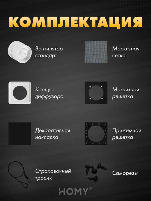 Вентиляционная решетка теневая с вентилятором HOMY AIR Квадратный AS125BS (20x20) черная комплектация