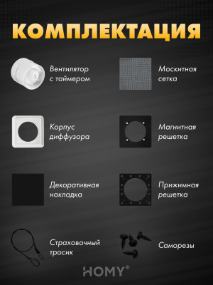 Вентиляционная решетка теневая с вентилятором с таймером HOMY AIR Квадратный AS125BT (20x20) черная комплектация