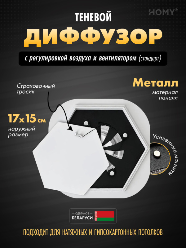 Вентиляционная решетка теневая с вентилятором и регулировкой воздуха HOMY AIR Гексагон AH100WRS (17x15) белая