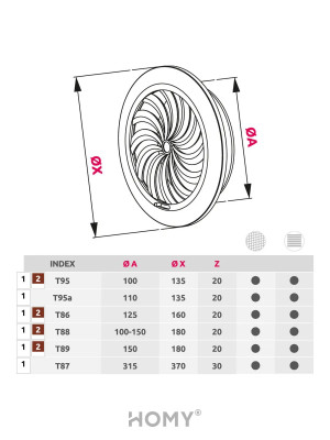 Решетка с сеткой и регулировкой потока воздуха Awenta Classic T86CZ (d125) черная схема